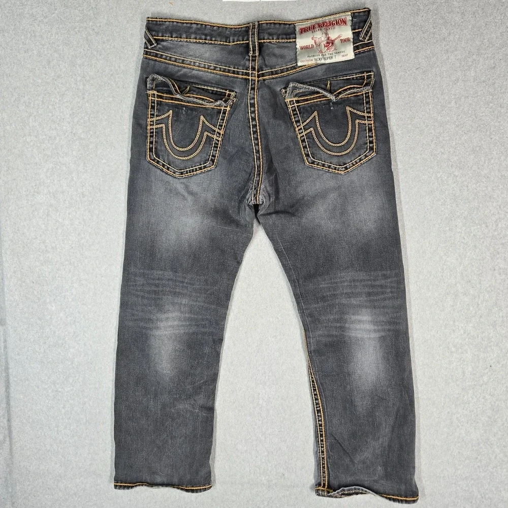 True Religion Men Jeans 36 Gray Denim Rocco Ricky Relaxed Straight Thick Stitch